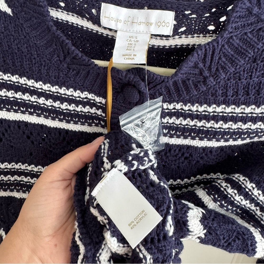 NWT House of Harlow 1960 Navy and White Striped Women's Crochet Sweater Size S - Picture 6 of 6